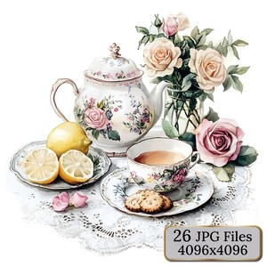 Set di clipart da tè in stile shabby chic, 26 illustrazioni ad acquerello di servizi da tè vintage, tavoli da giardino, fiori, decorazioni per il tè estivo, Rusticart