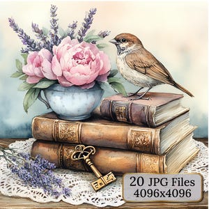 Clipart d'oiseaux et de fleurs shabby chic - 20 illustrations vintage à l'aquarelle | Moineaux, mésanges parmi les roses lavande | Esthétique campagnarde