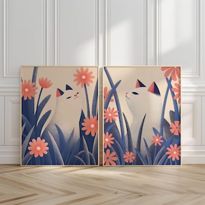 Set of 2 Cat Wall Art Prints | Cute Cat Nursery Decor | Floral Cat Art Printable | Kids Room Digital Download | Nursery Wall Art