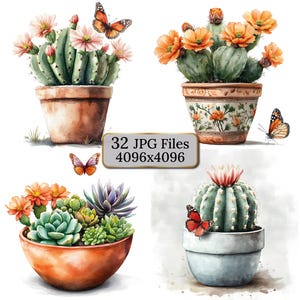Clipart de cactus en maceta de acuarela: 32 cactus con mariposas y flores, ilustraciones de plantas suculentas, decoración de pared para guardería, scrapbooking, bricolaje