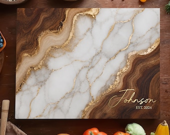 Personalized Anniversary Gift Glass Cutting Board: White Gold Marble Wood Look Design Charcuterie Board Wedding Gift