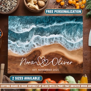 オーシャンウェーブガラスカッティングボード木製プリントパーソナライズ記念日シャルキュトリーボードカスタムチョッピングブロックウェディングギフトガラスへの印刷