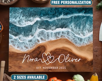 Tabla de cortar de vidrio con diseño de olas del océano, impresión en madera, tabla de charcutería personalizada para aniversario, bloque de cortar personalizado, impresión de regalo de boda en vidrio