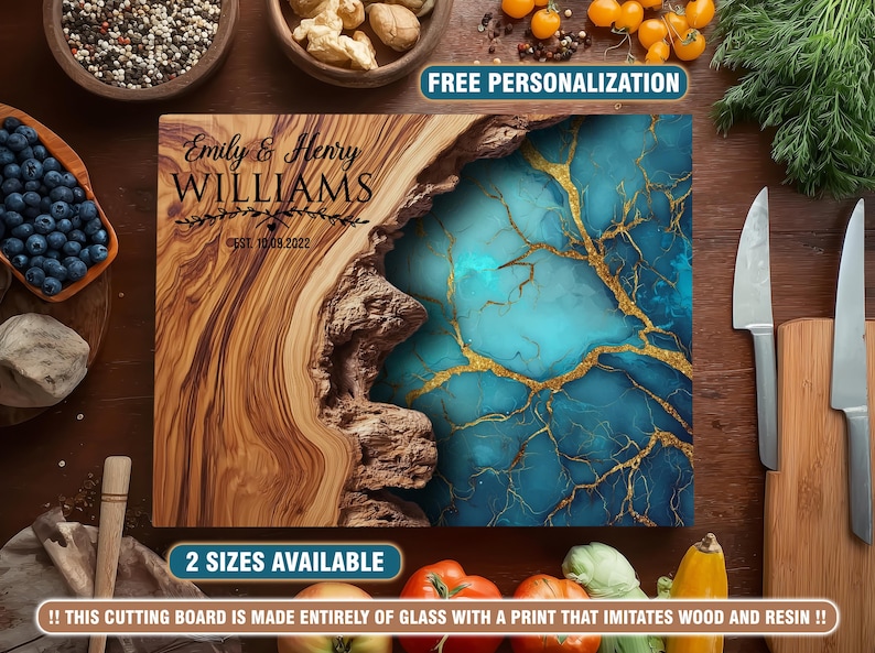 Personalized Glass Cutting Board, Epoxy River Resin Charcuterie Board, Custom Olive Wood Chopping Board, Couples Wedding Gift, Realtor Closing Gifts