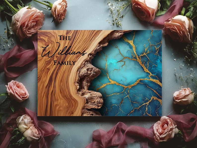 May include: A rectangular wooden sign with the text "THE Williams FAMILY" in elegant script. The sign features a natural wood grain pattern on the left and a turquoise and gold resin design on the right. The image is surrounded by pink roses and flowing fabric.