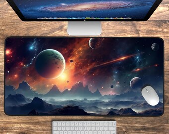 May include: A colorful space-themed mousepad with a nebula background, a large planet in the foreground, and several smaller planets in the distance. The mousepad is black with a smooth surface.