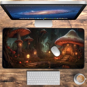 Mushroom Forest Desk Mat, Dark Cottagecore Desk Pad, Keyboard Mat High-Quality Fantasy Mouse Pad, Extended Mousepad, Aesthetic Night Scenery