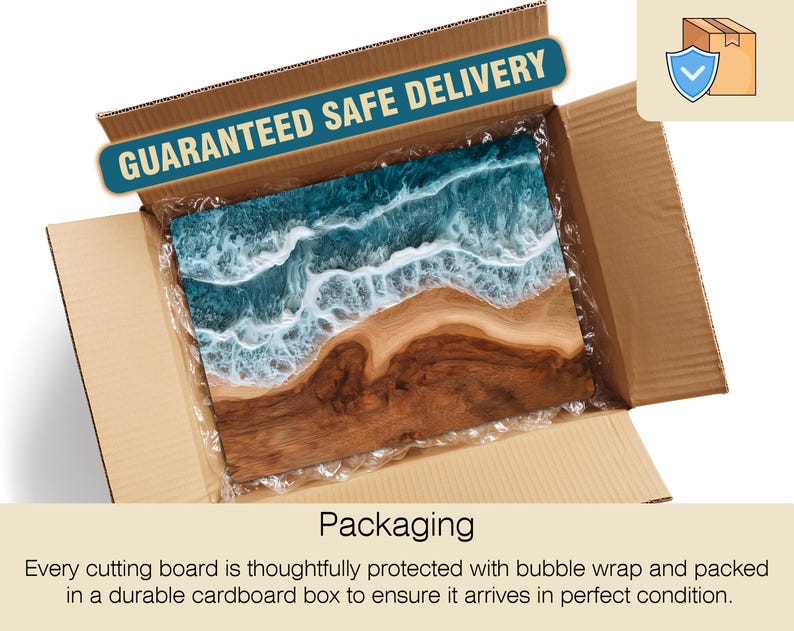 May include: A wooden cutting board with a blue and white ocean wave design, inside a cardboard box. The box has the text "GUARANTEED SAFE DELIVERY". The packaging includes bubble wrap for protection.