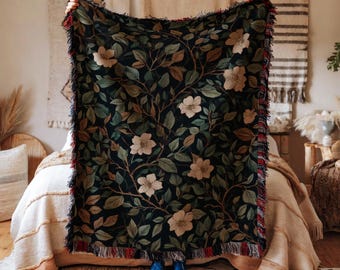 Woven Blanket Vintage Floral Pattern | Dark Academia Green Cottagecore Throw
