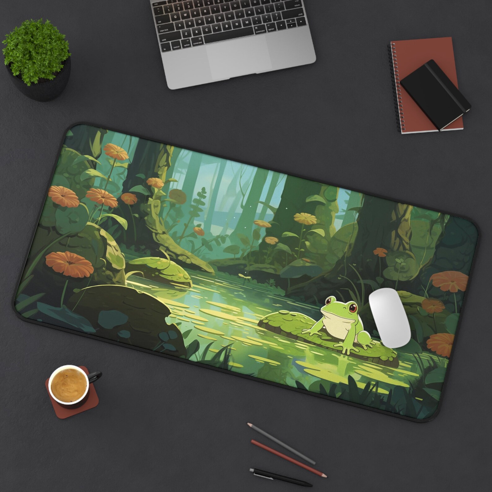 Lofi Desk Mat, Cute Frog Deskpad, Kawaii Gaming Mouse Pad, Lily Pad
