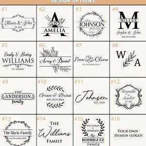 May include: A grid of sixteen design options for personalized items. Each design features names, initials, or family names with decorative elements like wreaths and floral accents. The text "DESIGN OPTIONS" is at the top.
