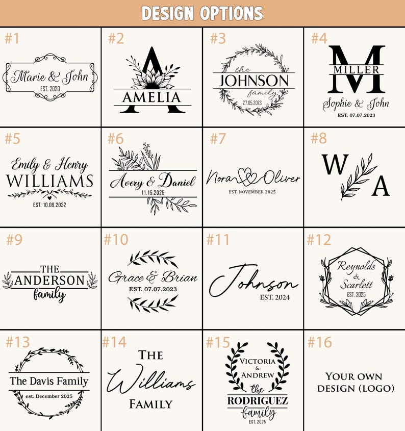 May include: A grid of sixteen design options for personalized items. Each design features names, initials, or family names with decorative elements like wreaths and floral accents. The text "DESIGN OPTIONS" is at the top.