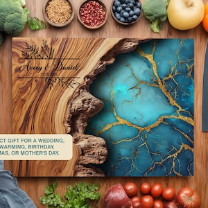 May include: A wooden cutting board with a turquoise and gold resin design, personalized with the names "Avery & Daniel" and the date "11.15.2025". Two knives are on the right. The text reads "THE PERFECT GIFT FOR A WEDDING, HOUSEWARMING, BIRTHDAY, CHRISTMAS, OR MOTHER'S DAY."