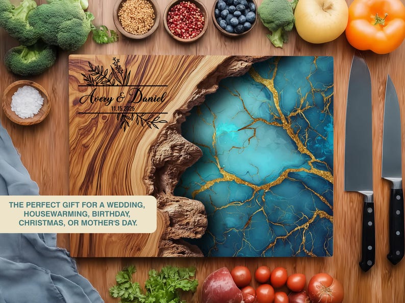May include: A wooden cutting board with a turquoise and gold resin design, personalized with the names "Avery & Daniel" and the date "11.15.2025". Two knives are on the right. The text reads "THE PERFECT GIFT FOR A WEDDING, HOUSEWARMING, BIRTHDAY, CHRISTMAS, OR MOTHER'S DAY."