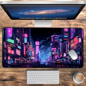 Neon Tokyo Desk Mat, Retro Street Pixel Art Purple, Morning Scene Anime Japanese City, Gaming Desk Pad, Aesthetics XL Gaming Mousepad