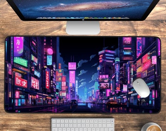 Gamingmuismat, Tokyo Street Bureaumat neon neon, Retro Vaporwave pixelart, Paarse Japanse anime, Skyline/City-bureaumat, XXL-gamingmuismat - België