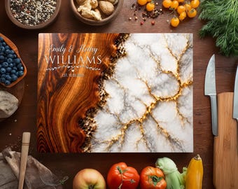 Personalized Glass Cutting Board, Marble Wood Look Style Design Name & Date Couples Anniversary Wedding Gift