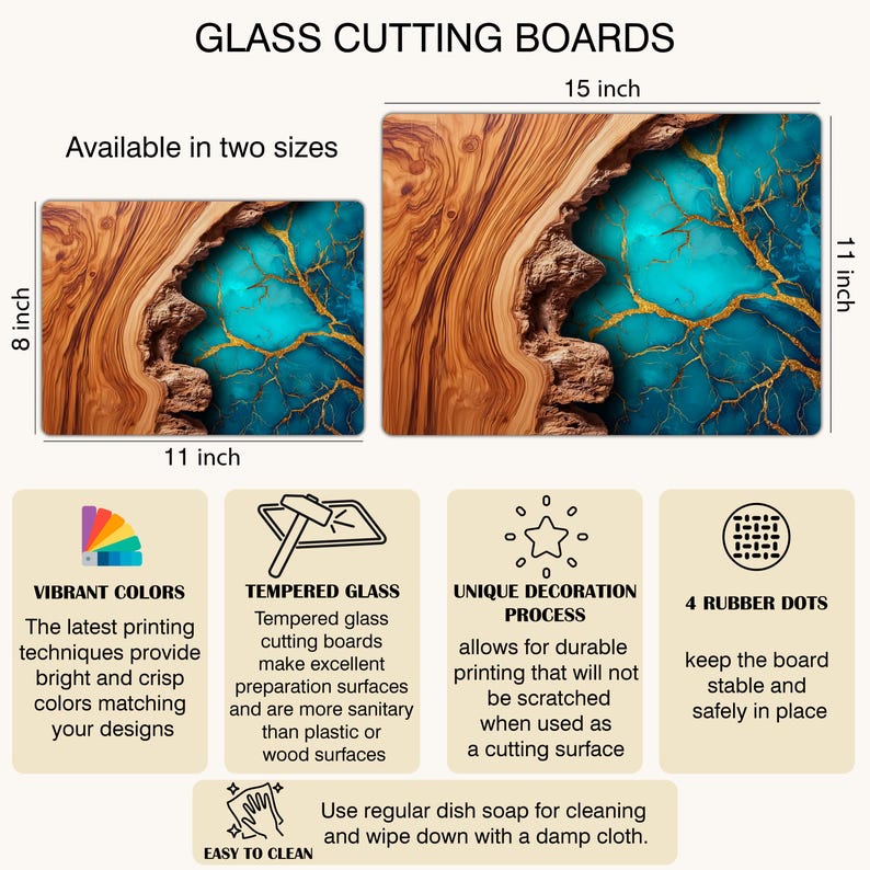 May include: Glass cutting boards in two sizes: 8x11 inches and 11x15 inches. The boards feature a design with wood-like edges and a turquoise and gold center. The text on the image says "Vibrant Colors" and "Tempered Glass".