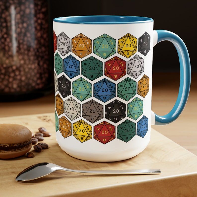 DnD Mug 15oz, Dungeon Master Gift, dnd Dice Coffee Mug, Gift for Nerd, Gift for Geek, Present for DM, D20 Gamer, Role Playing Game RPG Gamer Light Blue