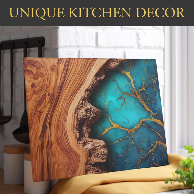 May include: A rectangular cutting board with a unique design. The board features a section of natural wood grain on the left, transitioning to a turquoise resin with gold veining on the right. The text "UNIQUE KITCHEN DECOR" is at the top.
