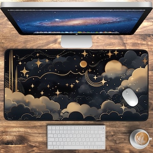 Black And Gold Celestial Desk Mat, Moon Stars Large Mousepad Gaming Mouse Pad XL, Keyboard Mouse Mat, Desk Pad for Work Game Office Home