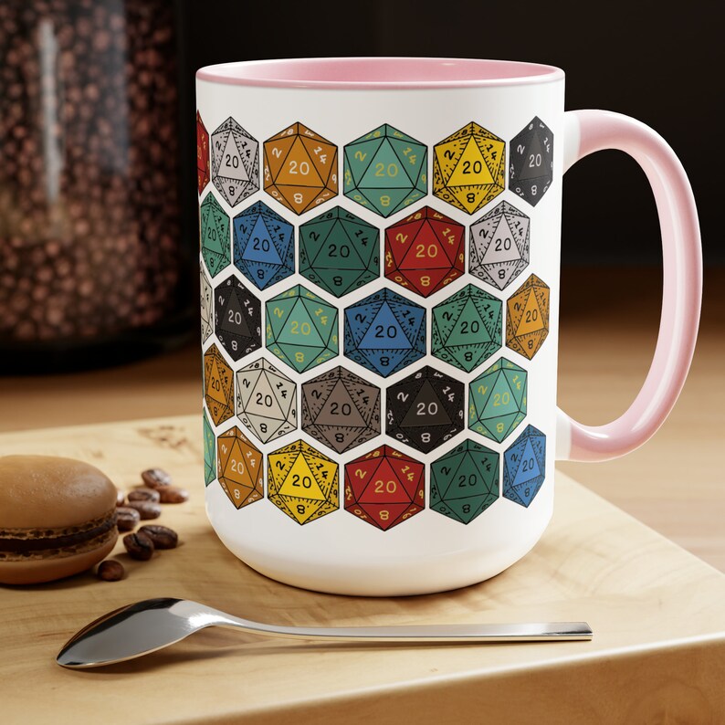 DnD Mug 15oz, Dungeon Master Gift, dnd Dice Coffee Mug, Gift for Nerd, Gift for Geek, Present for DM, D20 Gamer, Role Playing Game RPG Gamer Pink