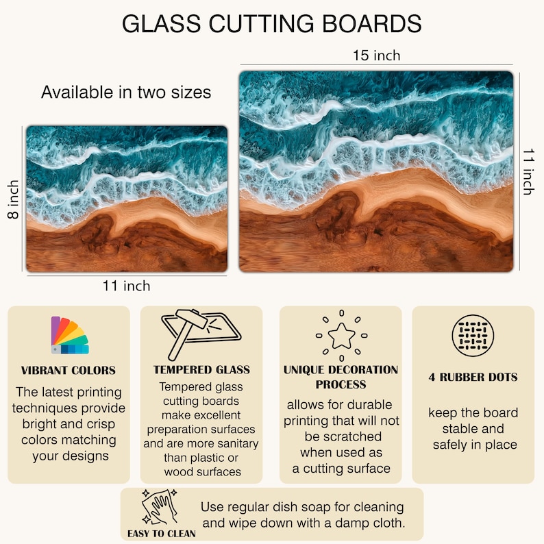 May include: Glass cutting boards with a beach design. Available in two sizes: 28 x 20 cm and 38 x 28 cm. The design features blue waves, tan sand, and a brown wooden base. The boards have rubber dots for stability and are easy to clean.