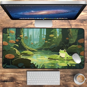 Lofi Desk Mat, Cute Frog Deskpad, Kawaii Gaming Mouse Pad, Lily Pad Themed Laptop Mat, Cute Desk Accessories, Kawaii Desk Decor Keyboard Mat