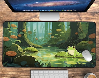 Lofi Desk Mat, Cute Frog Deskpad, Kawaii Gaming Mouse Pad, Lily Pad Themed Laptop Mat, Cute Desk Accessories, Kawaii Desk Decor Keyboard Mat