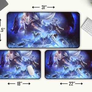 以下が含まれることがあります： 青と紫のゲーム用マウスパッドで、ドラゴンと他の神話上の生き物のグラフィックが描かれています。マウスパッドのサイズは、31インチ x 15.5インチです。