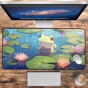 Lofi Desk Mat, Cute Frog Deskpad, Cute Desk Accessories, Kawaii Gaming Mouse Pad, Lily Pad Themed Laptop Mat, Kawaii Desk Decor Keyboard Mat