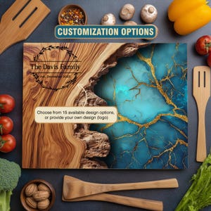 May include: A personalized wooden cutting board with a unique design. The board features a natural wood grain on one side and a turquoise and gold resin design on the other. Text includes "The Davis Family" and "est. December 2025".