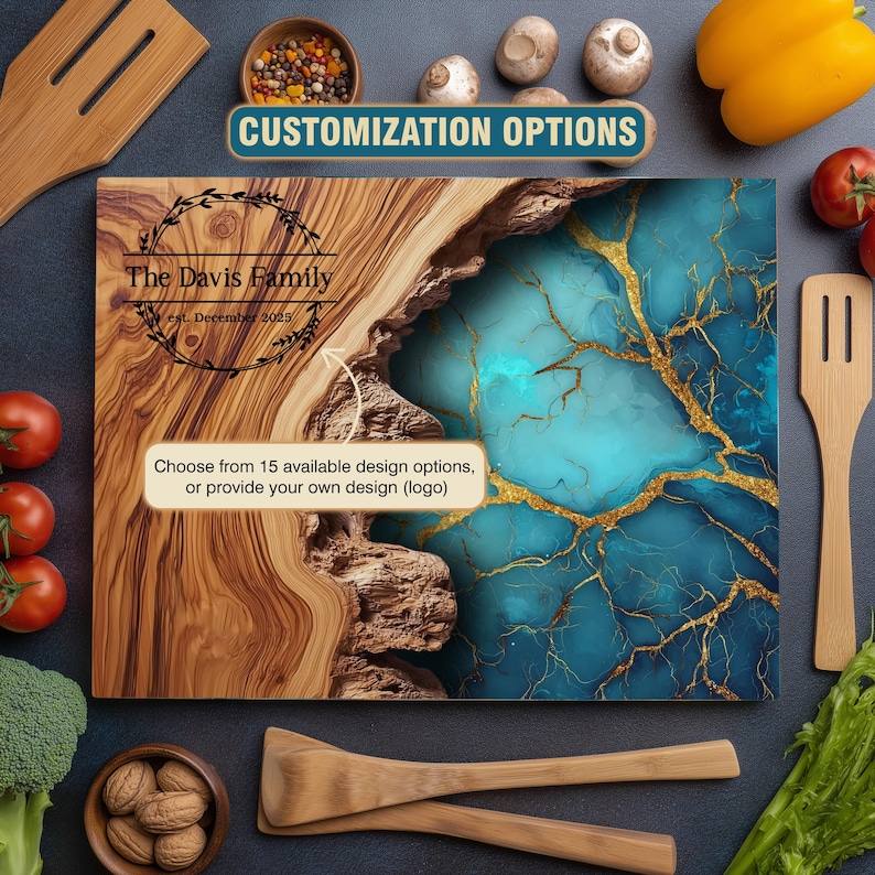 May include: A personalized wooden cutting board with a unique design. The board features a natural wood grain on one side and a turquoise and gold resin design on the other. Text includes "The Davis Family" and "est. December 2025".