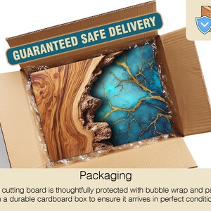 May include: A cutting board with a wood grain design and a blue and gold resin design, packaged in a cardboard box. The box has a "GUARANTEED SAFE DELIVERY" banner. The packaging includes bubble wrap.