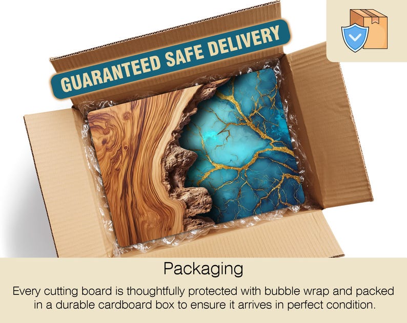 May include: A cutting board with a wood grain design and a blue and gold resin design, packaged in a cardboard box. The box has a "GUARANTEED SAFE DELIVERY" banner. The packaging includes bubble wrap.