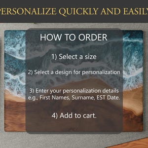 May include: A wooden chopping board with a blue and white ocean wave design. The text "PERSONALIZE QUICKLY AND EASILY" is at the top. The text "HOW TO ORDER" is in the centre, with numbered steps for ordering.