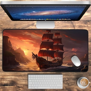 Schreibtischunterlage Piratenschiff Fantasy, niedliche Gaming Schreibtischunterlage, großes Mauspad, Gaming Schreibtischunterlage, MTG Spielmatte, Piraten Schreibtischunterlage Mousepad