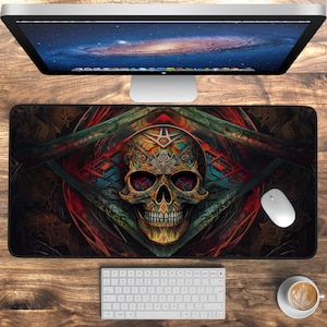May include: A black and red gaming mouse mat featuring a colourful skull design in the centre. The skull is surrounded by intricate patterns and geometric shapes.