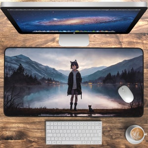 Desk Mat Anime Anime Girl Cat Lake Scenery, Cute Desk Pad, Japanese Desk Mat, Aesthetic Desk Decor, Mousepad Gaming Desk Accessories