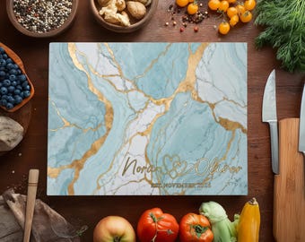 Personalized Gold & Blue Marble Glass Cutting Board 50th Anniversary, 50th Gift Serving Tray Cheeseboard, 50 Years Charcuterie Board