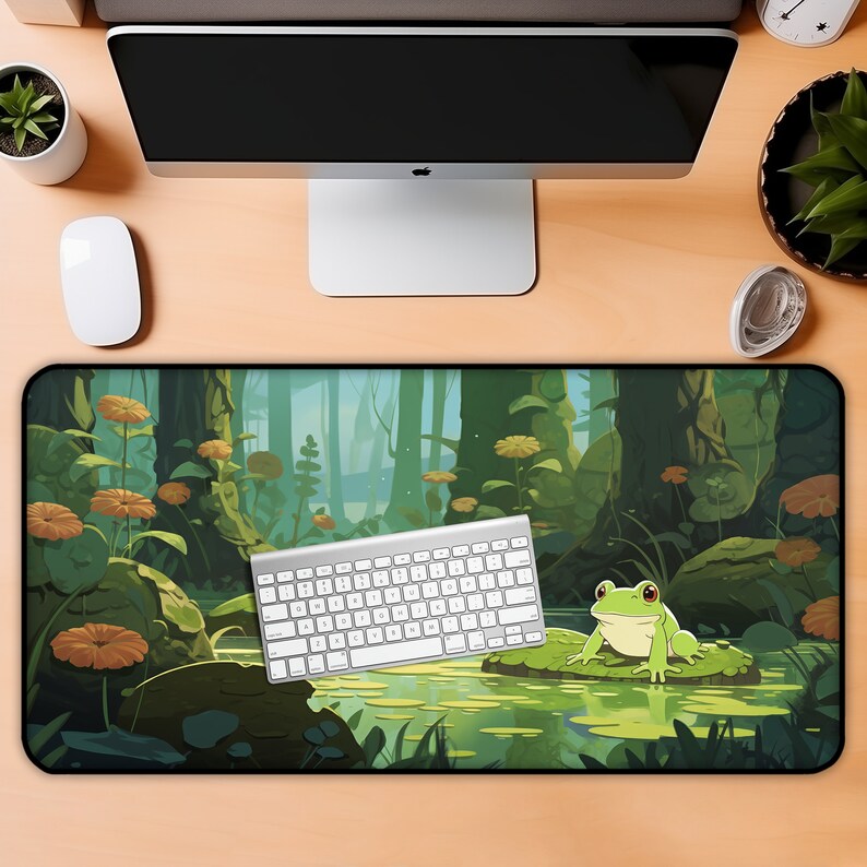 Lofi Desk Mat, Cute Frog Deskpad, Kawaii Gaming Mouse Pad, Lily Pad