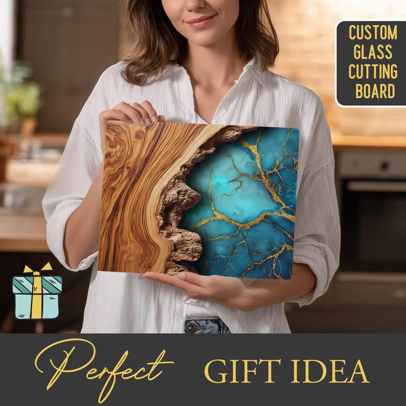 May include: A rectangular glass cutting board with a unique design. The board features a combination of wood grain and a turquoise stone pattern with gold veining. Text on the board reads "CUSTOM GLASS CUTTING BOARD". The words "Perfect GIFT IDEA" are also displayed.