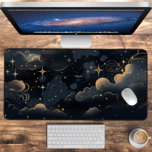 Celestial Desk Mat Black And Gold, Gaming Mouse Pad XL Stitched Edges Large Mousepad, Keyboard Mouse Mat, Desk Pad for Work Game Office Home
