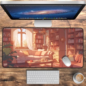 Library Japanese Desk Mat, Cute Lofi Minimalist, Aesthetic Decor, Kawaii Mousepad, Anime Desk Pad, Large Deskmat, Deskpad Laptop Mat