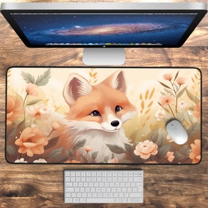 Cute Fox Desk Mat, Cottagecore Large Mousepad Aesthetic Floral Vintage Garden Wildflower Desk Pad, Keyboard Mat Desk Accessory XL Gaming Mat
