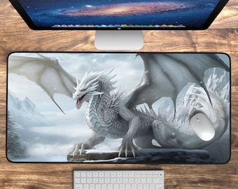 White Dragon Desk Mat, Art Fantasy Desk Pad, Large Gaming Mouse Pad, Moon Draco XL Mousepad, Aesthetic Deskmat, Keyboard Mat Medieval Decor