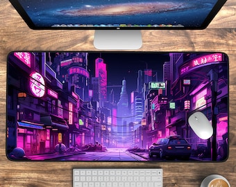 Neon Tokyo Desk Mat, Retro Street Purple Pixel Art, Japanese City, Gaming Desk Pad, Morning Scene Anime Aesthetics XL Gaming Mousepad