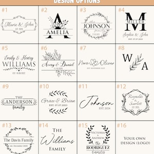May include: A grid of 16 design options for personalised items. Each design features names, initials, or family names with decorative elements like wreaths and floral accents. The designs include dates and the text "DESIGN OPTIONS".