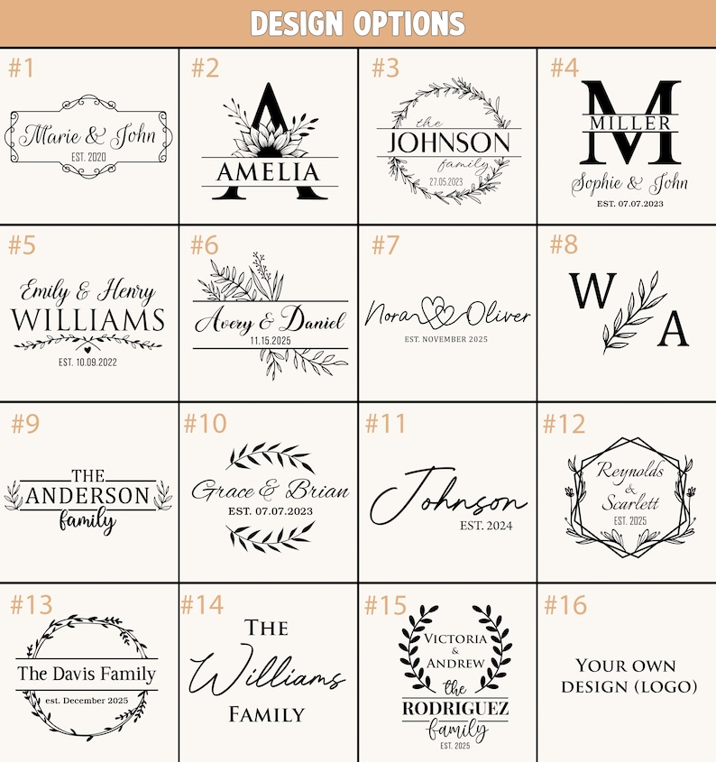 May include: A grid of 16 design options for personalised items. Each design features names, initials, or family names with decorative elements like wreaths and floral accents. The designs include dates and the text "DESIGN OPTIONS".