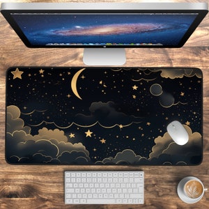 Black And Gold Celestial Desk Mat, Moon Stars Desk Pad for Work Game Office Home, Large Mousepad Gaming Mouse Pad XL, Keyboard Mouse Mat
